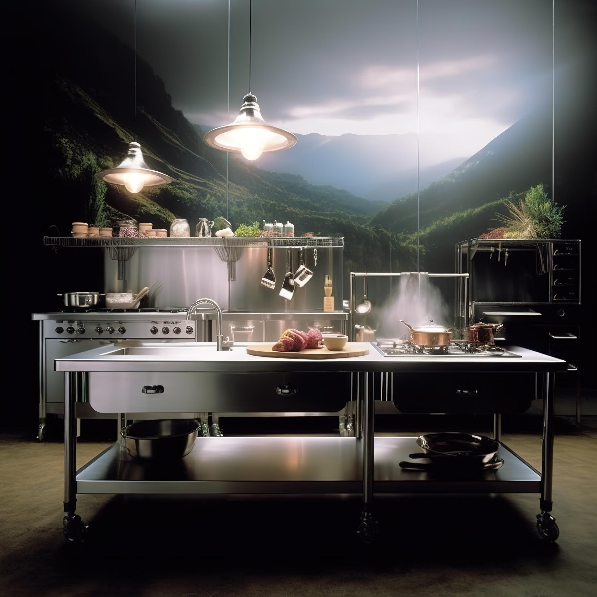 Studio kitchen with stainless surfaces and futuristic tools